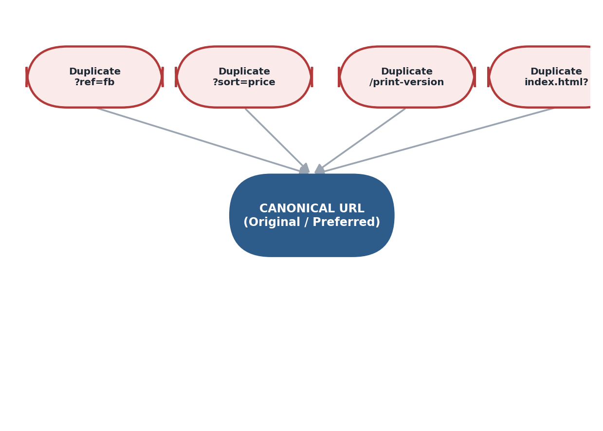Figure 6.4 — Multiple duplicate URLs ek hi Canonical URL ko point karte hain